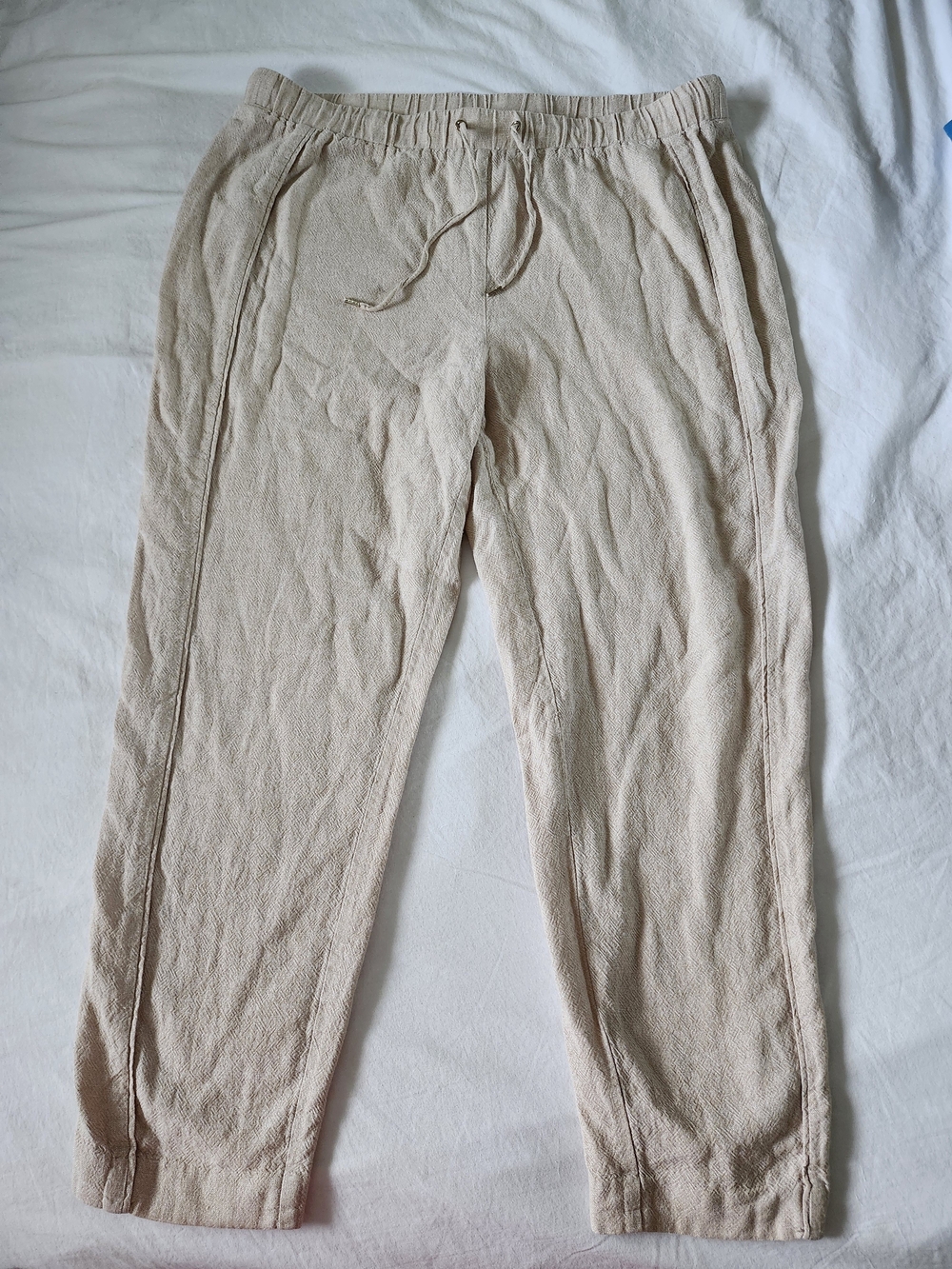 Cream Linen Blend Drawstring Pants